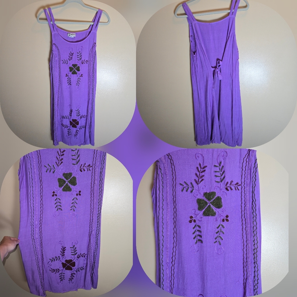 Vintage Just Cruising Purple Sleeveless Embroidered Dress Tie Back Free Size Vtg